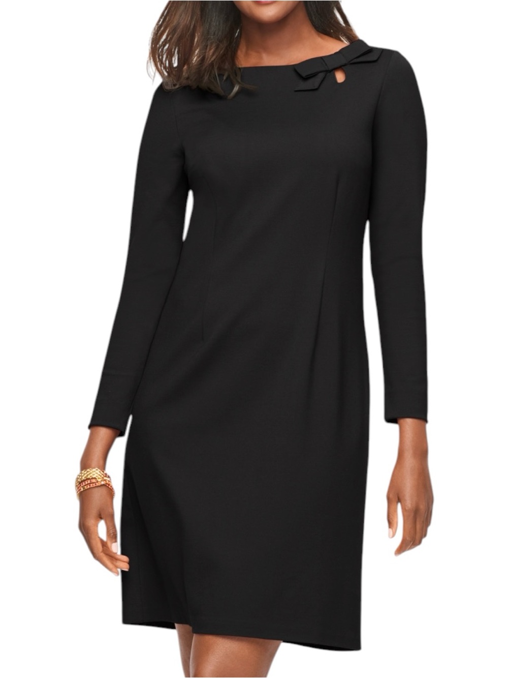 Talbots NWT Women’s Size 8 Black Ponte  Long Sleeve Bow Detail A-Line Dress